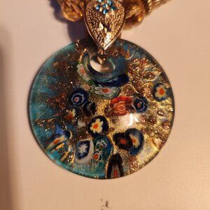 Murano-Style Millefiori Glass Pendant Necklace With Gold-Tone Beads & Blue Cord
